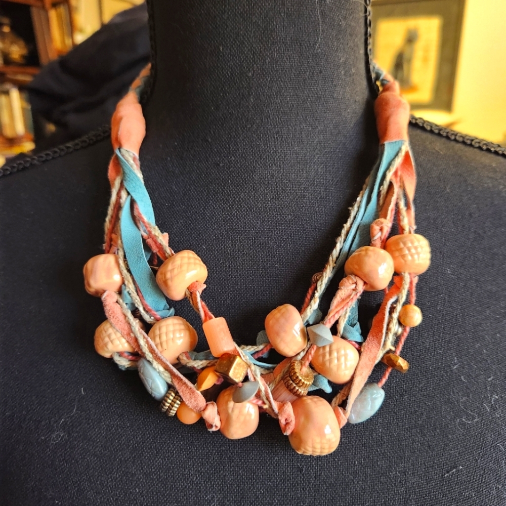 Boho Statement Necklace – Ceramic Beads, Suede & Fabric Layers